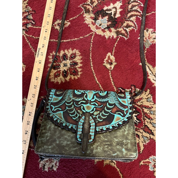 PATRICIA NASH SAVINI TOOLED BOHO COWGIRL TURQUOISE LEATHER BAG PURSE - Picture 2 of 11